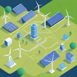 Create an illustration of a smart electricity grid featuring a complex network graphic