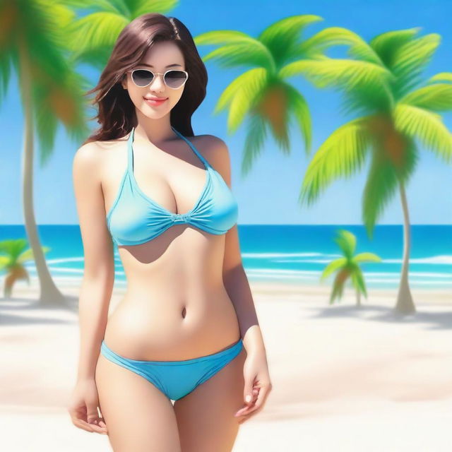 A beautiful woman with a slim figure, tiny hips, and larger breasts wearing a bikini