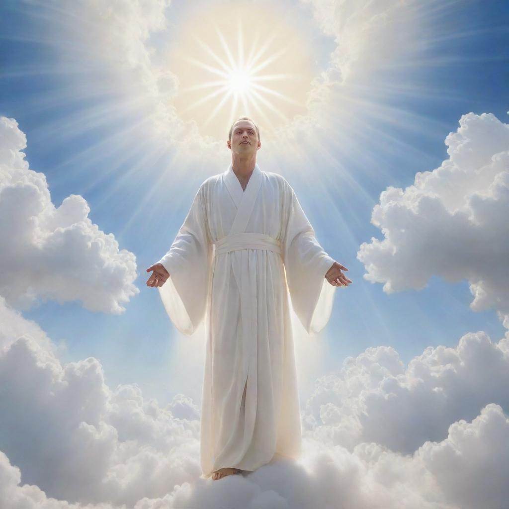 A surreal representation of divine essence, showing a glowing figure in radiant white robes, set against a peaceful heaven with puffy clouds and bright heavenly light.