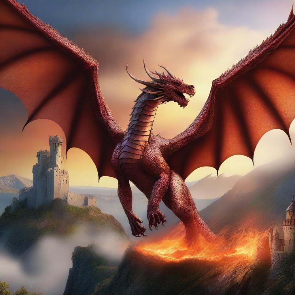 A majestic dragon soaring through the skies with its wings spread wide, breathing fire