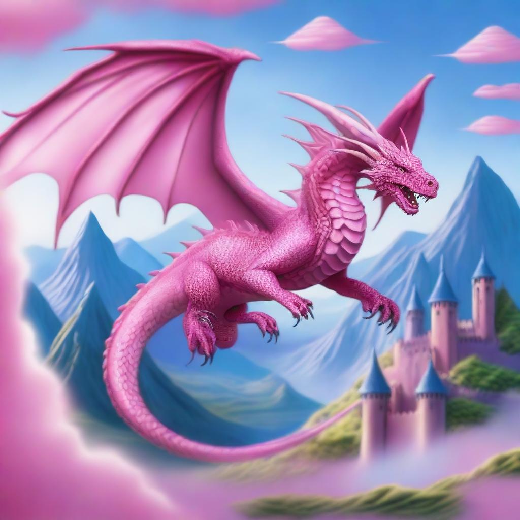 A majestic pink dragon soaring through the skies with its wings spread wide