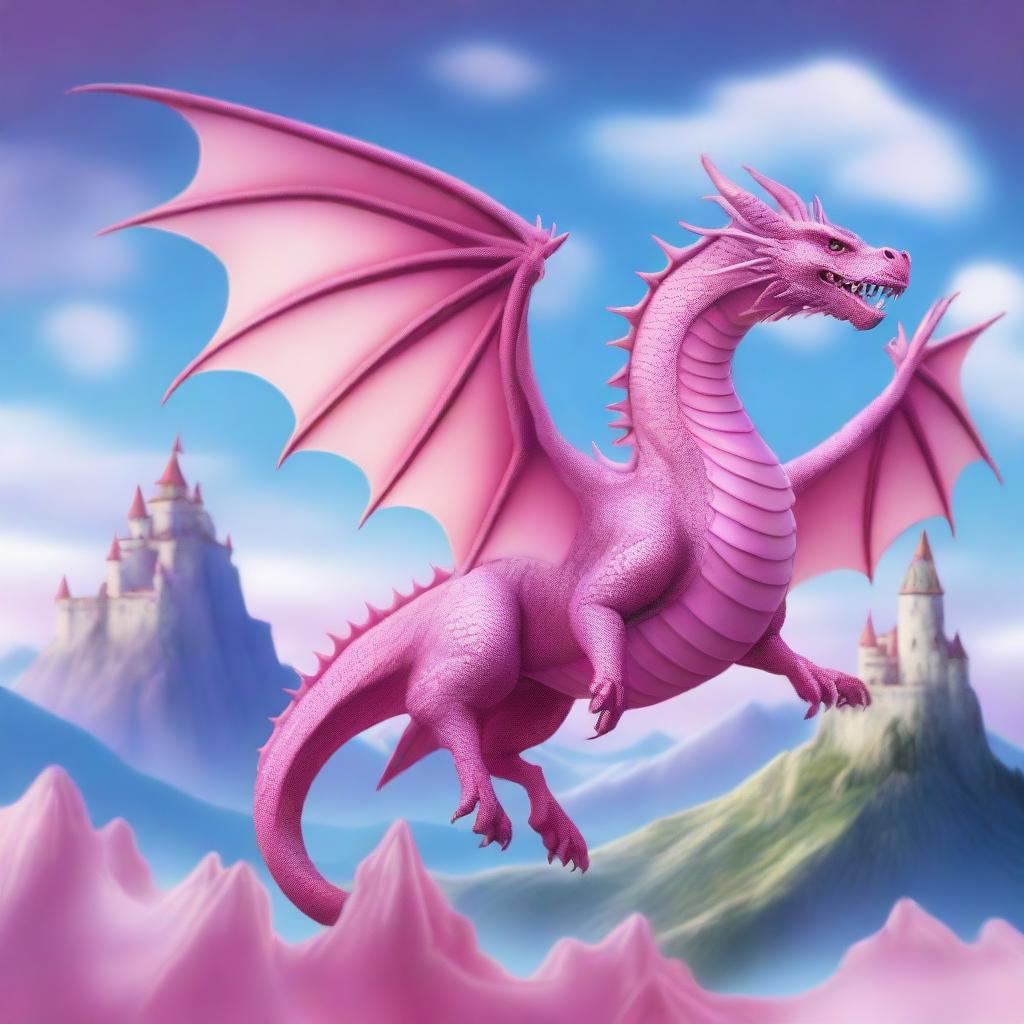 A majestic pink dragon soaring through the skies with its wings spread wide