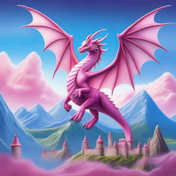 A majestic pink dragon soaring through the skies with its wings spread wide