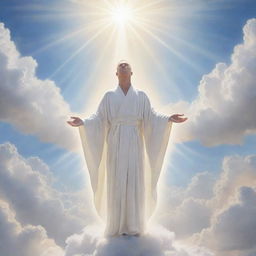 A surreal representation of divine essence, showing a glowing figure in radiant white robes, set against a peaceful heaven with puffy clouds and bright heavenly light.