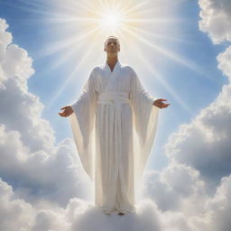 A surreal representation of divine essence, showing a glowing figure in radiant white robes, set against a peaceful heaven with puffy clouds and bright heavenly light.