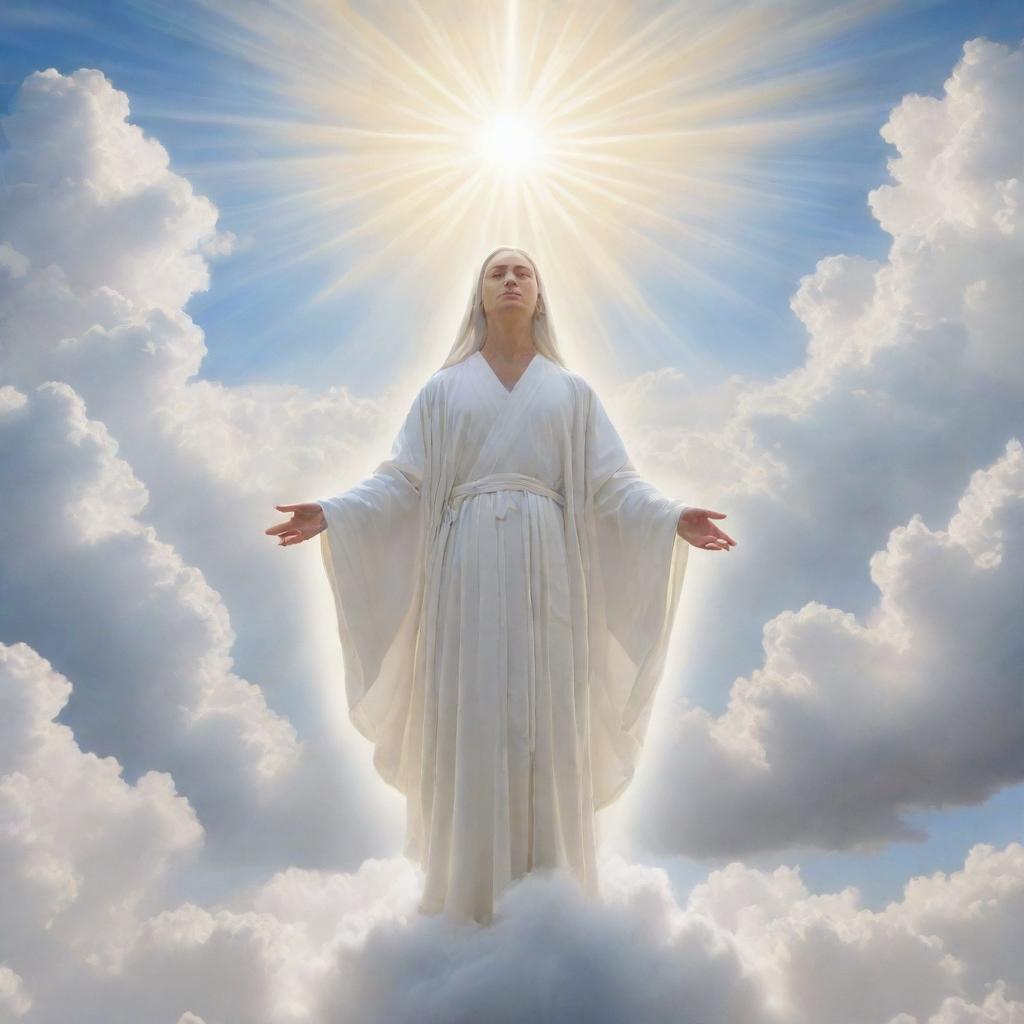 A surreal representation of divine essence, showing a glowing figure in radiant white robes, set against a peaceful heaven with puffy clouds and bright heavenly light.