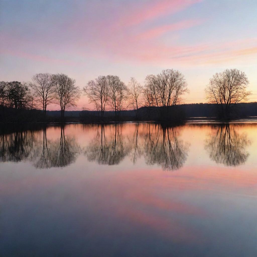 A spectacular sunset scene over a serene lake, with pastel colored sky and the silhouette of a tree line reflecting in the calm waters.