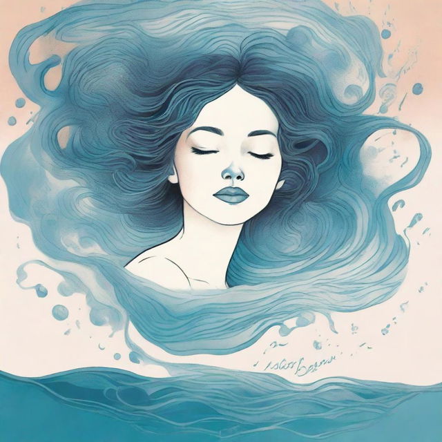 A drawn book cover featuring a woman floating gracefully in stylized water