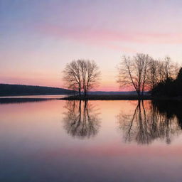 A spectacular sunset scene over a serene lake, with pastel colored sky and the silhouette of a tree line reflecting in the calm waters.