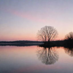 A spectacular sunset scene over a serene lake, with pastel colored sky and the silhouette of a tree line reflecting in the calm waters.