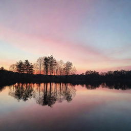 A spectacular sunset scene over a serene lake, with pastel colored sky and the silhouette of a tree line reflecting in the calm waters.