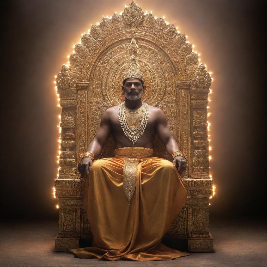 A divine and powerful god sitting majestically on his opulent throne, brimming with light and raw power