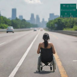 Female figure in a wheelchair, seen from behind, travelling down a bustling expressway