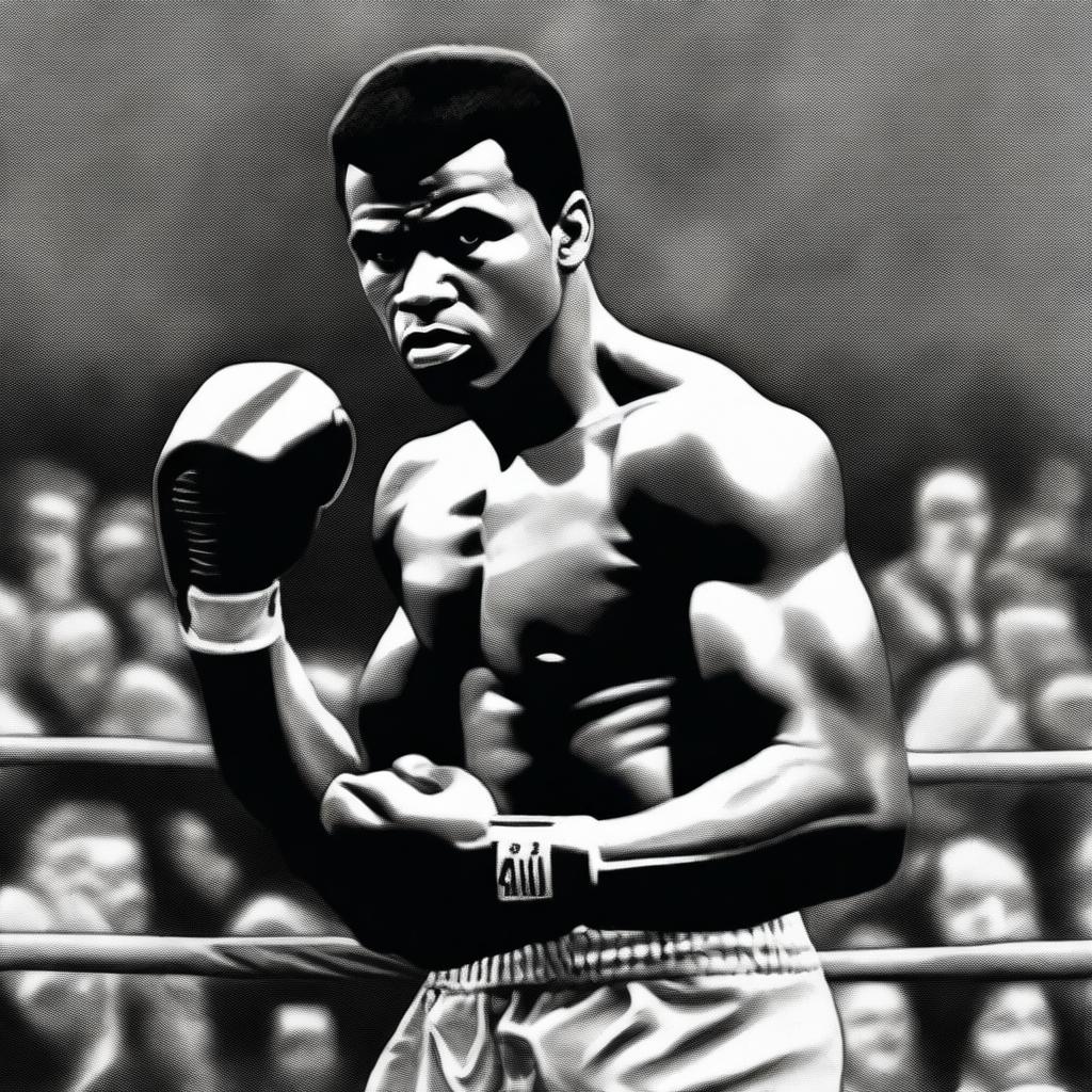 A realistic black and white portrait of Muhammad Ali, the legendary boxer, in his prime