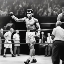 A realistic black and white portrait of Muhammad Ali, the legendary boxer, in his prime