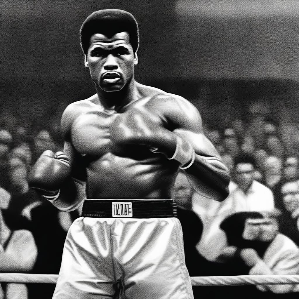 A realistic black and white portrait of Muhammad Ali, the legendary boxer, in his prime