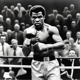 A realistic black and white portrait of Muhammad Ali, the legendary boxer, in his prime