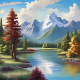 A beautifully detailed painting of a serene landscape with mountains, a river, and a forest, perfect for a wall poster