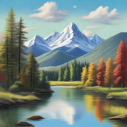 A beautifully detailed painting of a serene landscape with mountains, a river, and a forest, perfect for a wall poster