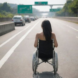 Female figure in a wheelchair, seen from behind, travelling down a bustling expressway