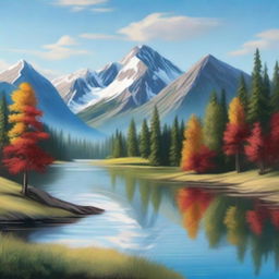 A beautifully detailed painting of a serene landscape with mountains, a river, and a forest, perfect for a wall poster