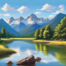 A beautifully detailed painting of a serene landscape with mountains, a river, and a forest, perfect for a wall poster