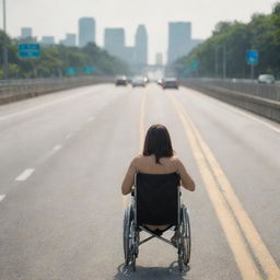 Female figure in a wheelchair, seen from behind, travelling down a bustling expressway