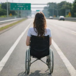 Female figure in a wheelchair, seen from behind, travelling down a bustling expressway