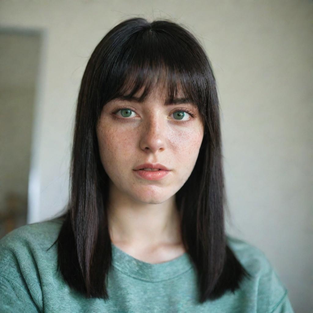 casual photograpy medium body, female, 23 year old with green eyes and black long hai with withe streaks in the bangs.,freckles, self on the mirror, casual clothes, relax time, medium distance shot, 4k hd,  --style raw--v 5.2 ar 2-3