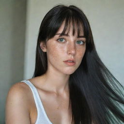 casual photograpy medium body, female, 23 year old with green eyes and black long hai with withe streaks in the bangs.,freckles, self on the mirror, casual clothes, relax time, medium distance shot, 4k hd,  --style raw--v 5.2 ar 2-3