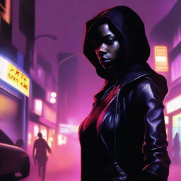 A female African assassin stands poised in the dark, shadowy streets of Los Angeles