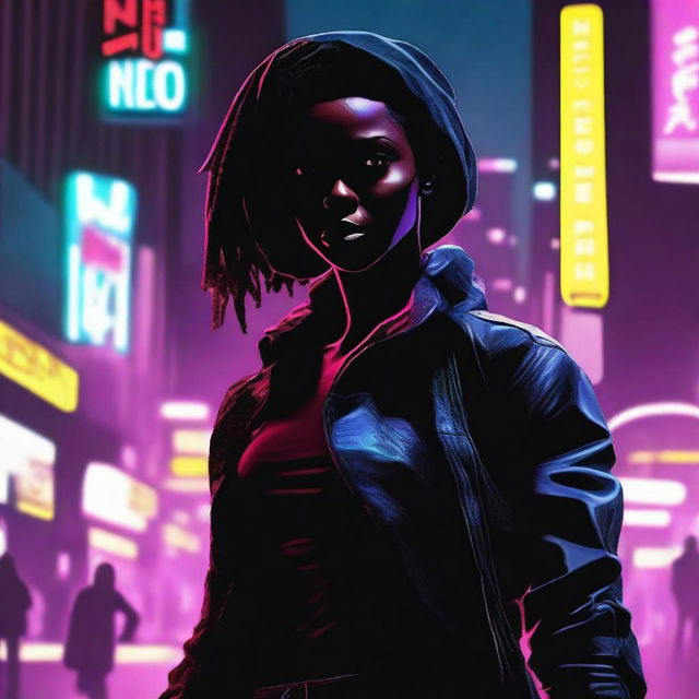 A female African assassin stands poised in the dark, shadowy streets of Los Angeles