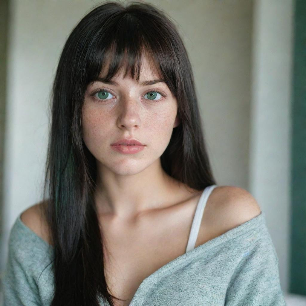 casual photograpy medium body, female, 23 year old with green eyes and black long hai with withe streaks in the bangs.,freckles, self on the mirror, casual clothes, relax time, medium distance shot, 4k hd,  --style raw--v 5.2 ar 2-3