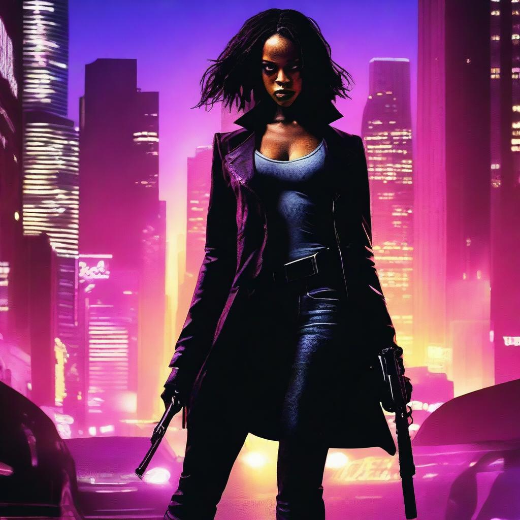 A cinematic film poster featuring an African American female assassin in downtown Los Angeles