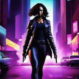 A cinematic film poster featuring an African American female assassin in downtown Los Angeles