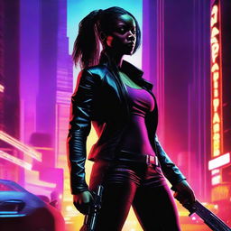 A cinematic film poster featuring an African American female assassin in downtown Los Angeles