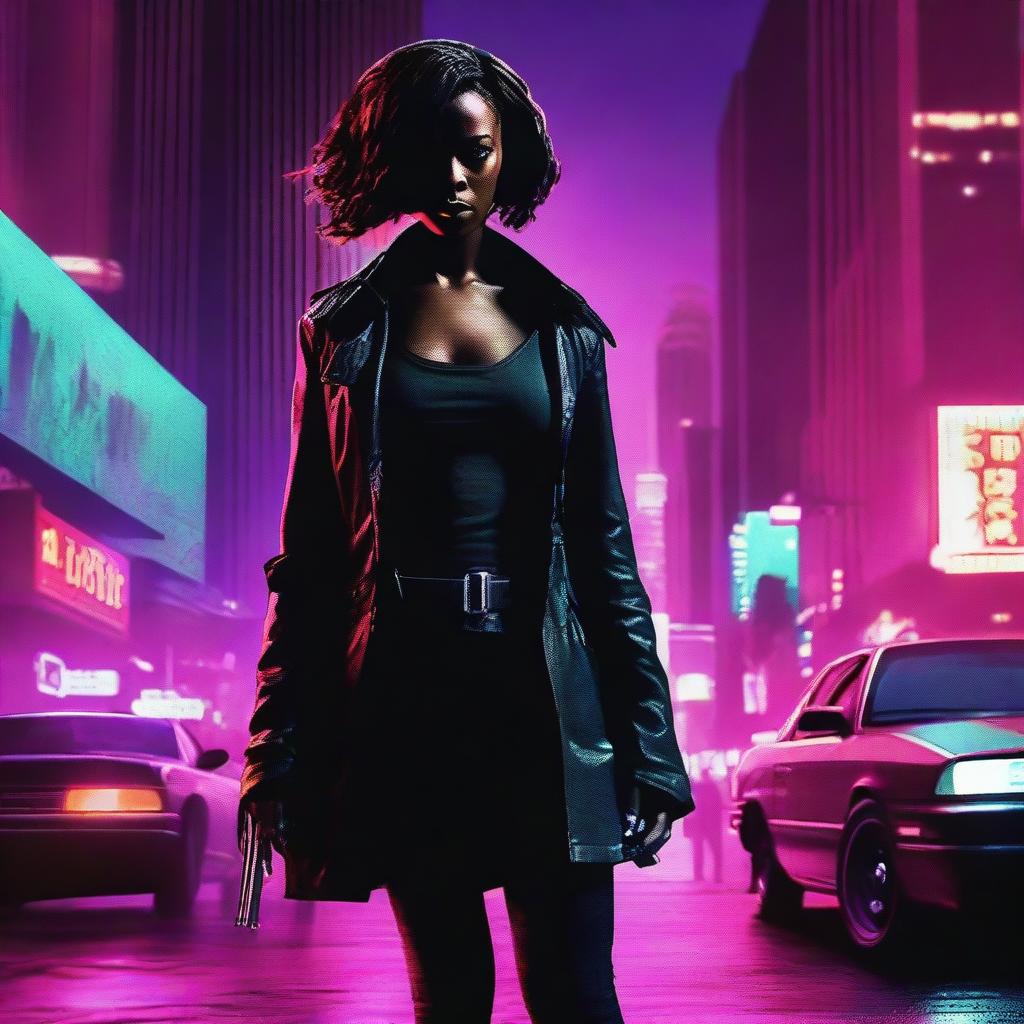 A cinematic film poster featuring an African American female assassin in downtown Los Angeles