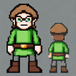 Create a pixel art of a full-body man in the style of Zelda, with green eyes, light brown hair, and black glasses