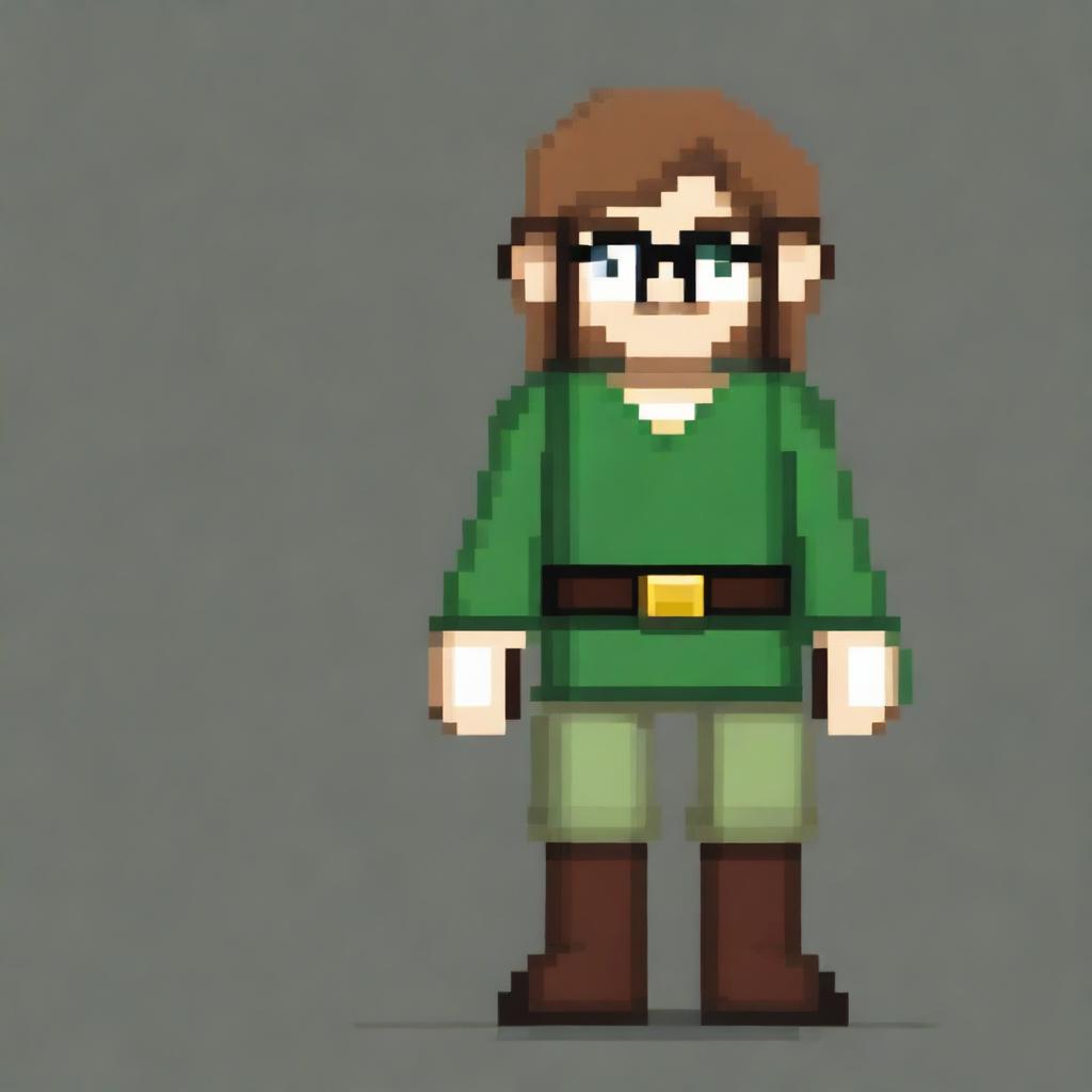 Create a pixel art of a full-body man in the style of Zelda, with green eyes, light brown hair, and black glasses