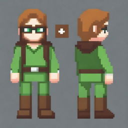 Create a pixel art of a full-body man in the style of Zelda, with green eyes, light brown hair, and black glasses