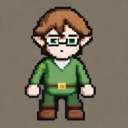 Create a pixel art of a full-body man in the style of Zelda, with green eyes, light brown hair, and black glasses