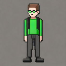 Create a pixel art of a full-body man in 2D, with green eyes, light brown hair, and black glasses