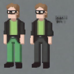 Create a pixel art of a full-body man in 2D, with green eyes, light brown hair, and black glasses