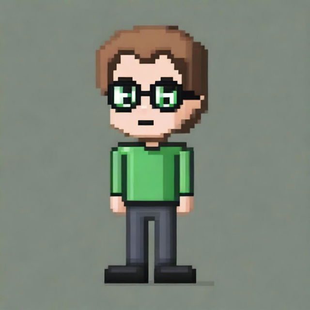 Create a pixel art of a full-body man in 2D, with green eyes, light brown hair, and black glasses