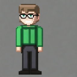 Create a pixel art of a full-body man in 2D, with green eyes, light brown hair, and black glasses