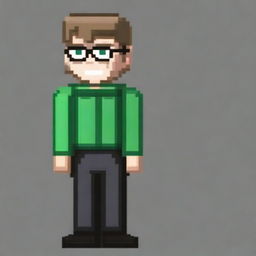 Create a pixel art of a full-body man in 2D, with green eyes, light brown hair, and black glasses