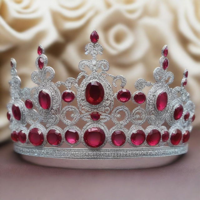 An elegant ruby tiara with intricate designs and sparkling gemstones