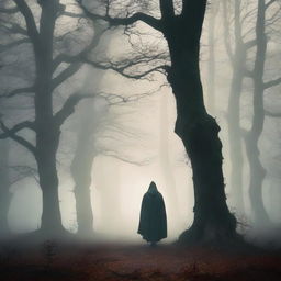 A captivating book cover featuring a mysterious forest with tall, ancient trees shrouded in mist