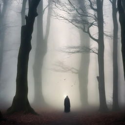 A captivating book cover featuring a mysterious forest with tall, ancient trees shrouded in mist