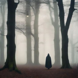 A captivating book cover featuring a mysterious forest with tall, ancient trees shrouded in mist